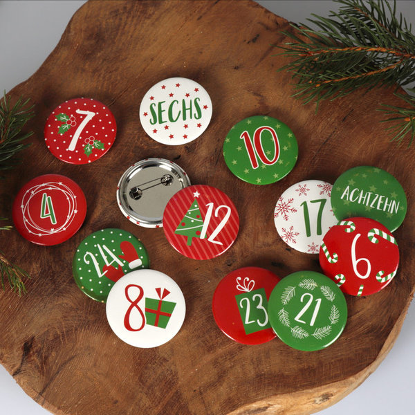 24 Adventskalender Buttons rot-grün 35mm